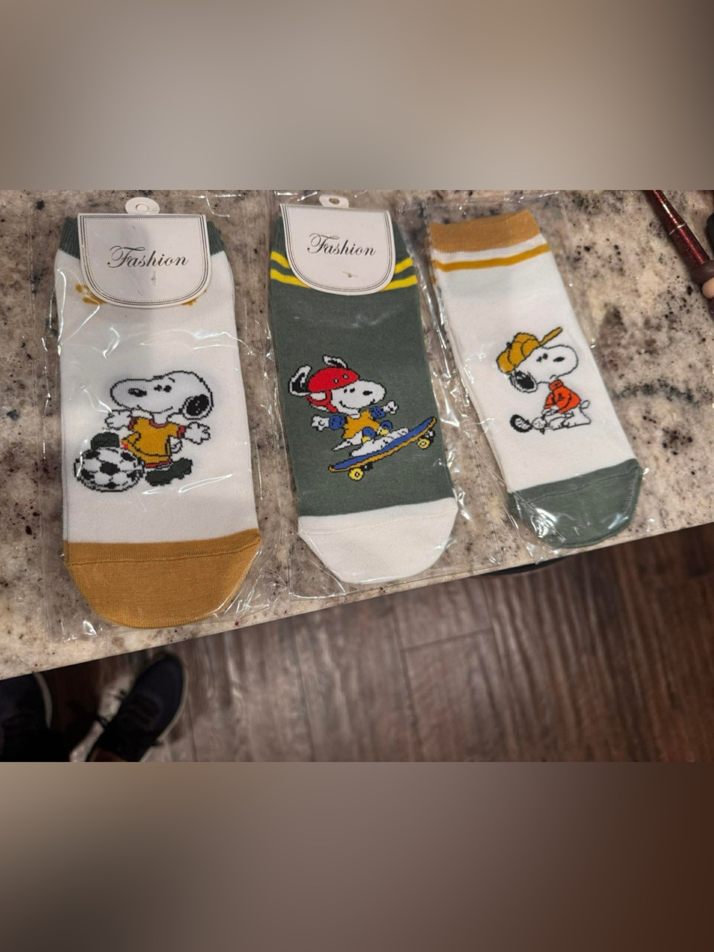 Set of 3 Snoopy Cartoon Athletic Crew Socks - White, Green, Mustard OS
